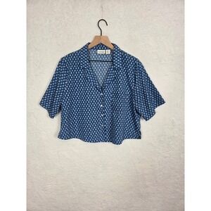 Haute Hippie Style Womens Blue White Floral Print Boxy Cropped Button Shirt L